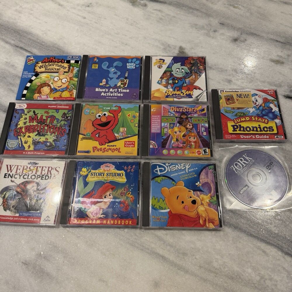 Lot Of 11 Kids PC Games Vintage Windows 95/98 Zork, Disney, Pajama Sam & Others